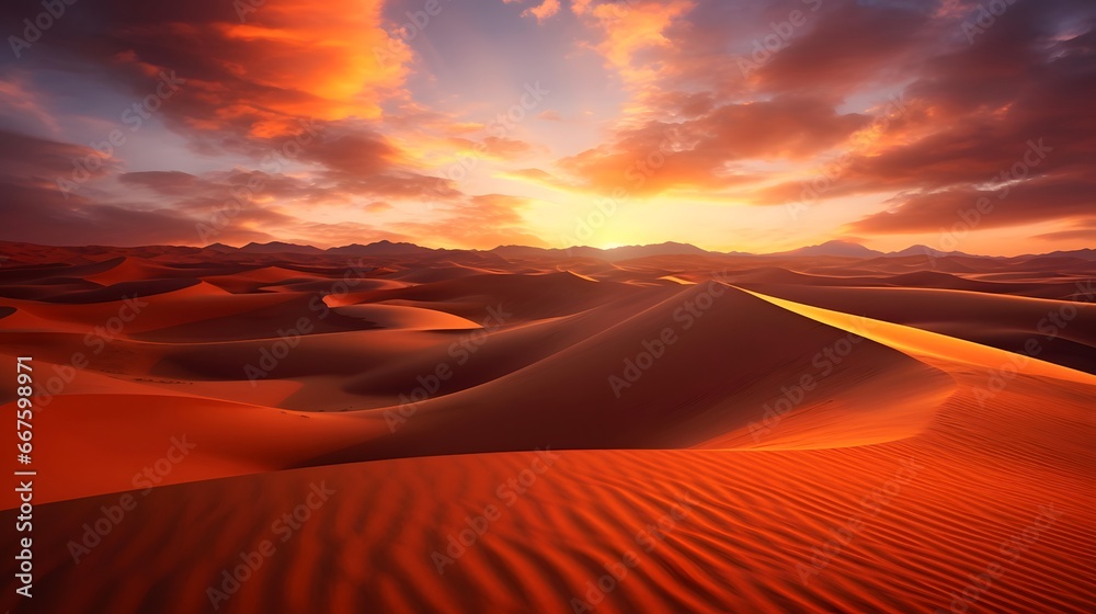 Desert sunset panorama with sand dunes and blue sky.