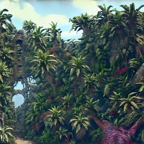 Lush Green Paradise of Rainforest Foliage Amidst Towering Trees with Generative AI