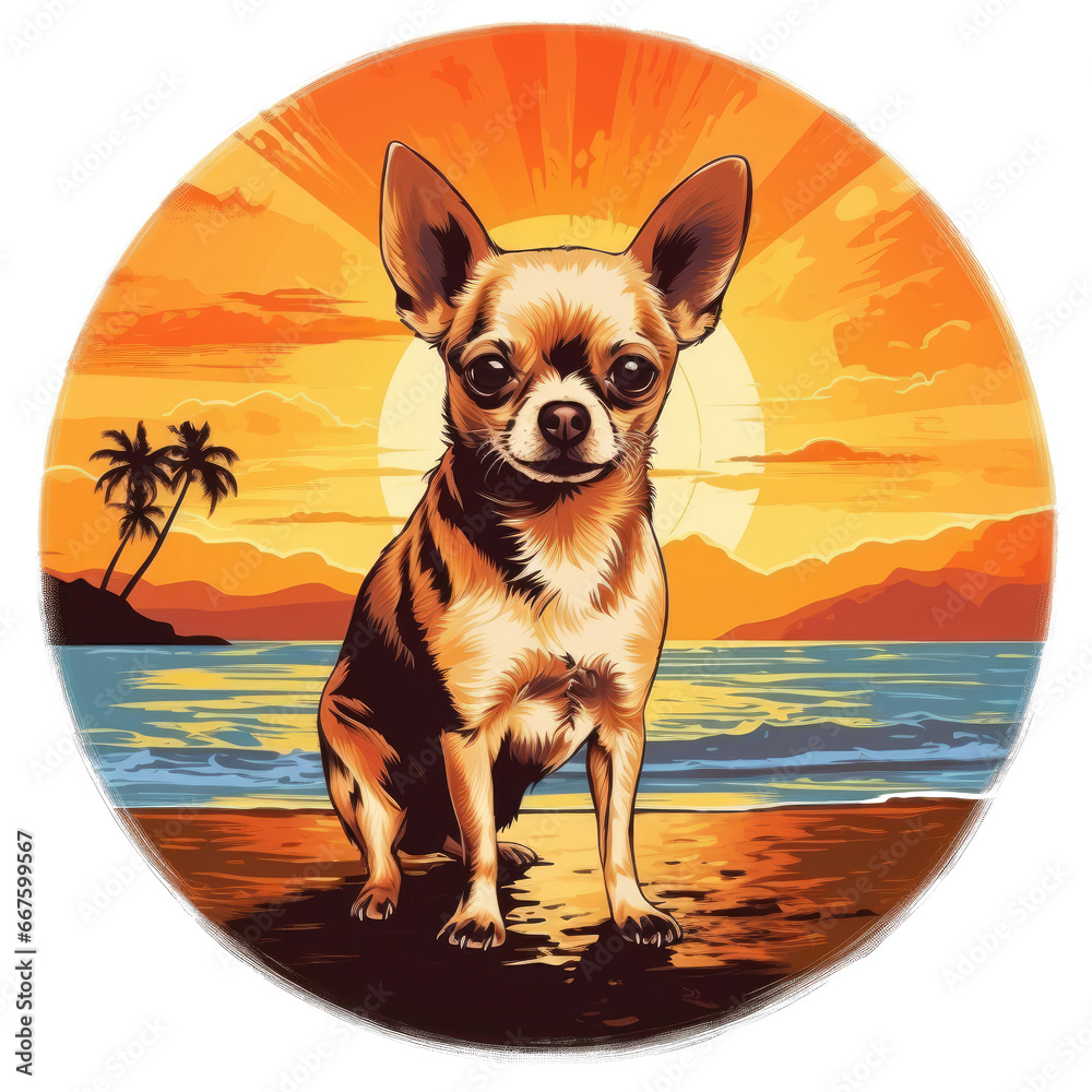t-shirt design vector in circle dog on the tropical beach sunset light