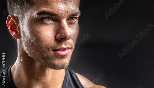 Determined Athlete's Sweat-Drenched Face with Copyspace © Tadeusz