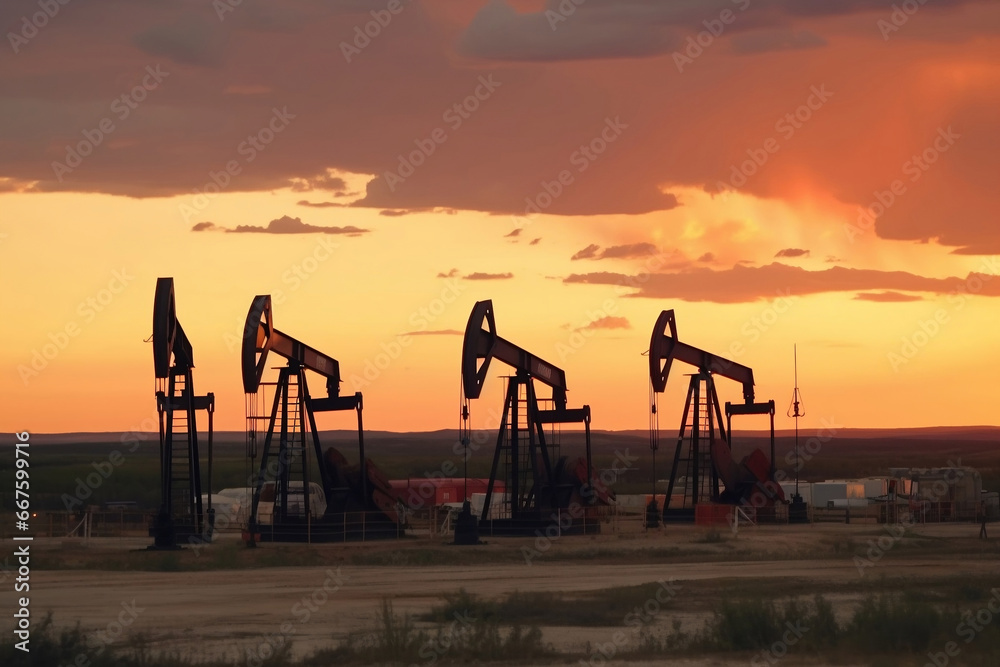 Fototapeta premium Oil pumps mined oil and gas at sunset generative ai