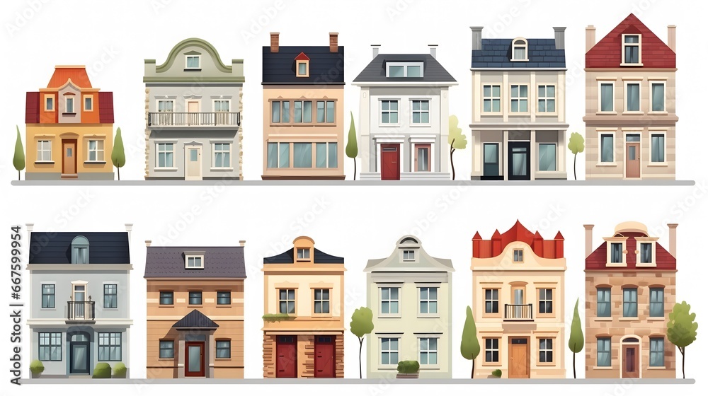house exterior vector flat illustration icons set Collection of icons of urban and suburban house, town house, and cottage