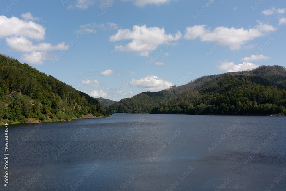 Odertal reservoir in front of the Harz Mountains Germany, Europe