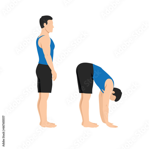 Man doing standing toe reach stretch exercise. Flat vector illustration isolated on white background photo