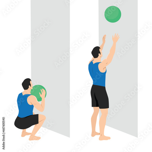 Man doing Medicine Ball Toss Up Exercise. Start with a squat pose and Toss the ball above the head catch the ball and rep. Flat vector illustration isolated on white background photo