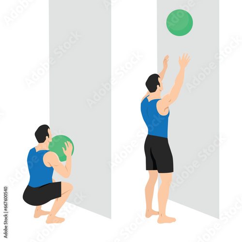 Man doing Medicine Ball Toss Up Exercise. Start with a squat pose and Toss the ball above the head catch the ball and rep. Flat vector illustration isolated on white background