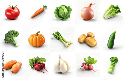 Set 3d icon on the white background.  Pictured: tomato, carrot, cabbage, onion, Chinese cabbage, broccoli, pumpkin, leek, potato, zucchini, sweet potato, beetroot, garlic, radish, celery.