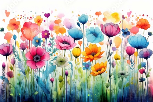 Colorful watercolor flowers with dripping design depict a vibrant spring garden. Generative AI