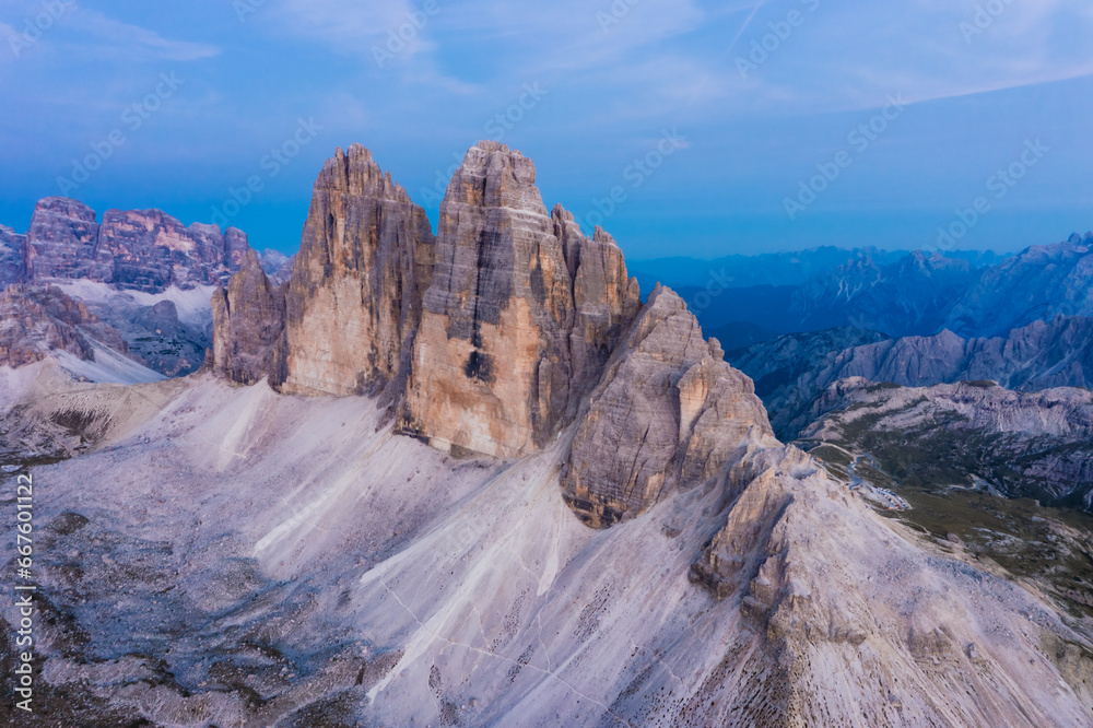 National Nature Park Tre Cime In the Dolomites Alps. Beautiful nature of Italy. Aerial view at sunset evening light