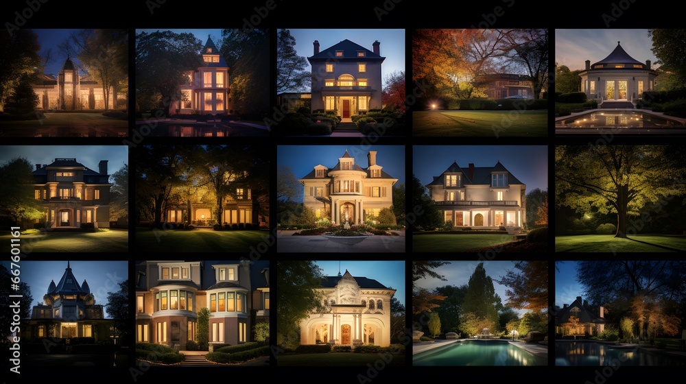 A collage of photos of a country house in the evening.