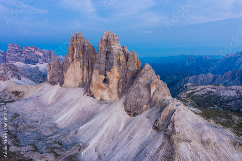 National Nature Park Tre Cime In the Dolomites Alps. Beautiful nature of Italy. Aerial view at sunset evening light photo