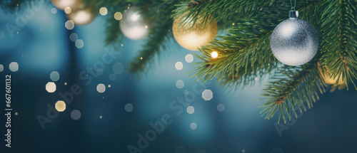 Christmas background with bokeh lights and christmas tree branches. photo