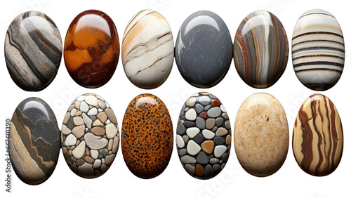 Collection of various rocks from different geological formations, polished shiny pebbles, transparent png photo
