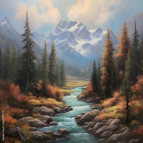Digital painting of a mountain river in the autumn forest. Digital painting.