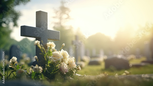 Cemetery with a grave marker and cross engraved on it