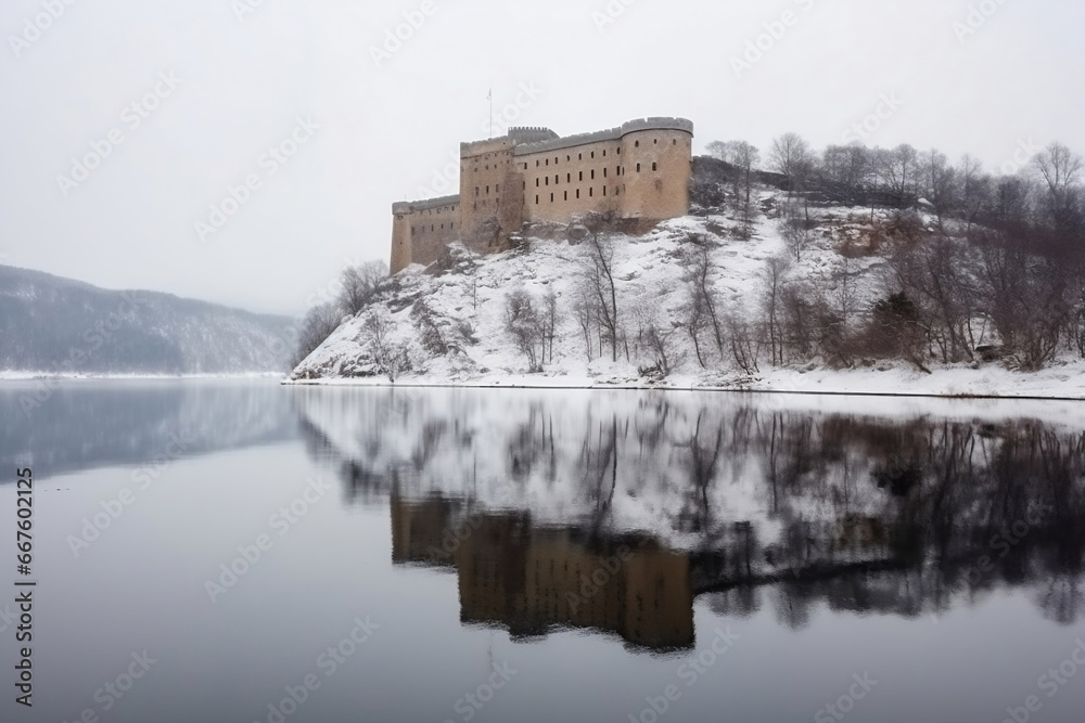 Obraz premium Old medieval castle of the north and very cold winter landscape around with lake and mountains generative ai