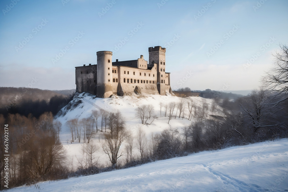 Old medieval castle complex of the north and cold winter landscape around generative ai