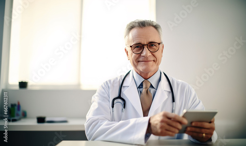 Portrait senior confident male doctor in his consulting room holding tablet in hands