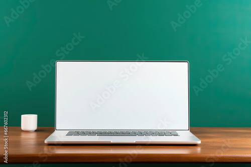 Close up of creative designer office desktop with empty white laptop screen with mock up place in frame