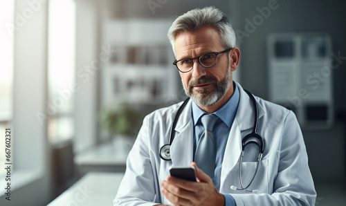 Mature male doctor holding mobile phone in hands in exam consultation room
