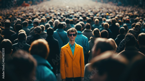 Man in yellow jacket standing out from large crowd of people in the middle of the street #667602333