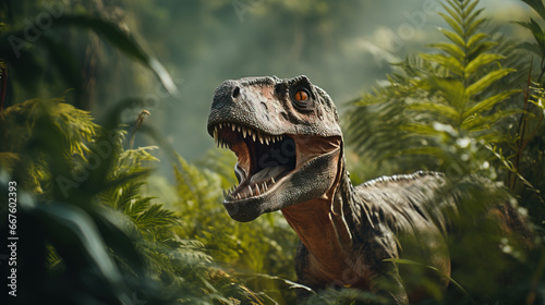 Dinosaur Tyrannosaurus Rex between green plants in jungle © IBEX.Media