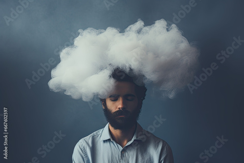 Close up of a man with a cloud on her head, concept of depression 