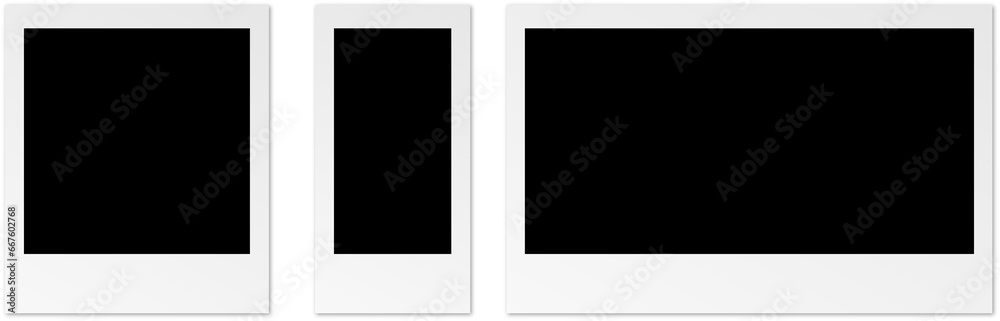 Empty black photo frame with shadows. Polaroid frame on transparent background. Realistic old photo frame - obrazy, fototapety, plakaty 