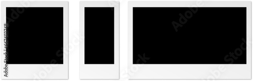 Empty black photo frame with shadows. Polaroid frame on transparent background. Realistic old photo frame
