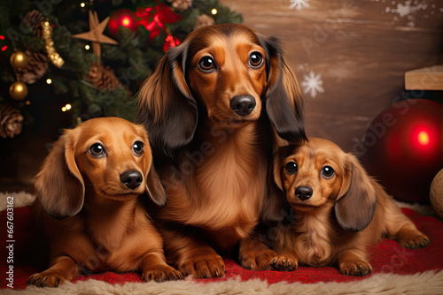 three dachshund dogs and Christmas decorated tree on the background  © reddish