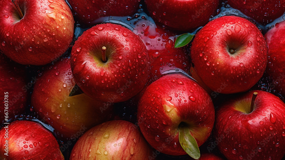 Top View Group of Fresh Red Apple Fruits With Water Drops Dark Background Selective Focus Top View Group of Fresh Red Apple Fruits With Water Drops Dark Background Selective Focus