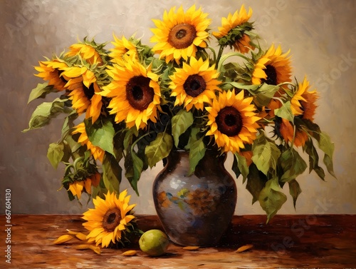 Bouquet of sunflowers in vase on wooden table