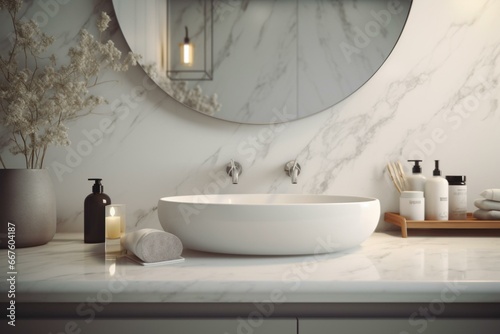 3D illustration of a bathroom with a blurred backdrop and a marble counter for showcasing products. Generative AI