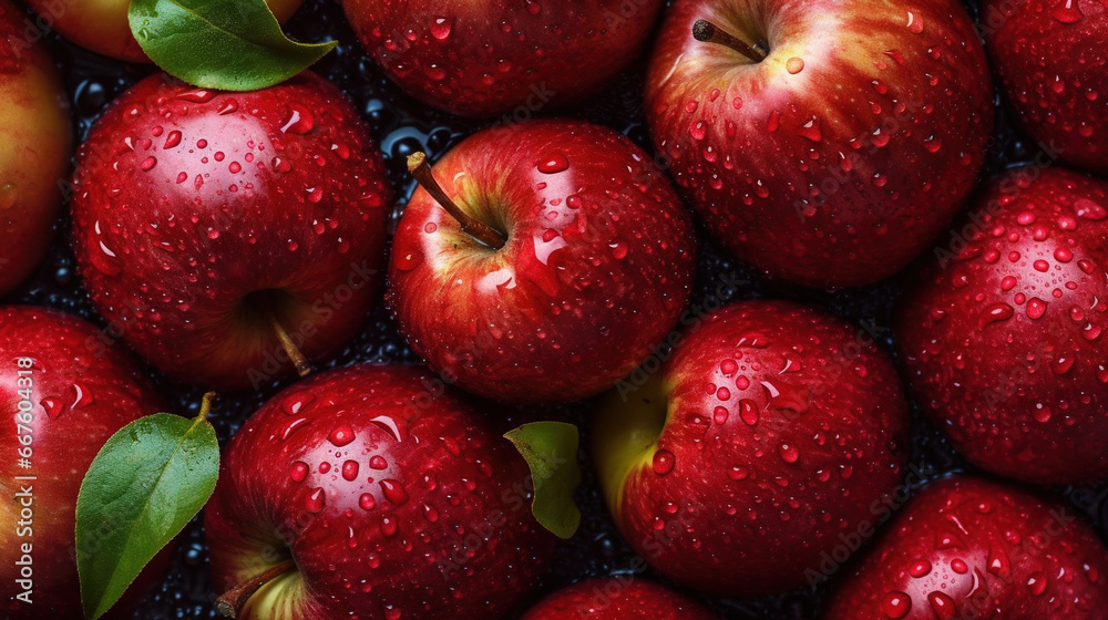 Top View Group of Fresh Red Apple Fruits With Water Drops Dark Background Selective Focus