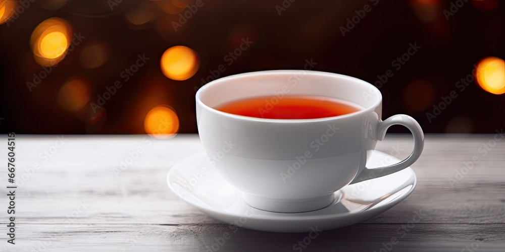 Morning serenity. Closeup of hot red tea cup on wooden table. Healthful start. Herbal for fresh. Time elegance. White porcelain teacup on black saucer
