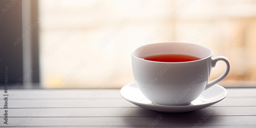 Morning serenity. Closeup of hot red tea cup on wooden table. Healthful start. Herbal for fresh. Time elegance. White porcelain teacup on black saucer