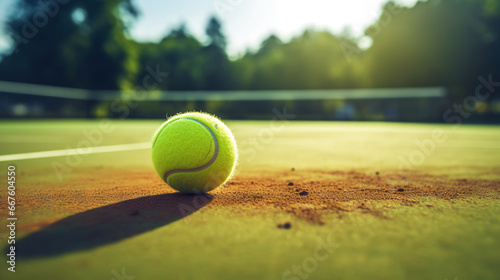 Closeup of tennis ball on empty court. Tennis match on sunny day. Concept of a sporty lifestyle. Generative AI © AngrySun