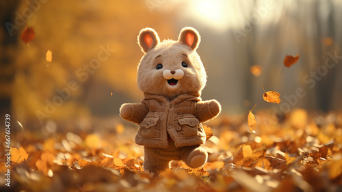 cute plush cartoon rabbit runs along the autumn path in the park and kicks the fallen yellow leaves, happiness autumn greetings