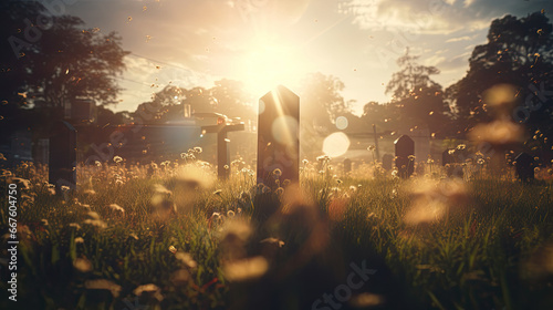 Funeral graveyard on grass background, cemetery 