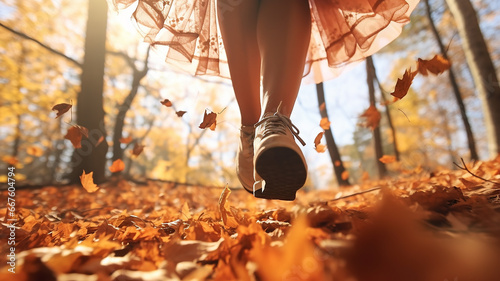 the girl kicks the leaves. the legs of a young woman in a light dress, on the autumn background of leaf fall, fall in the October park