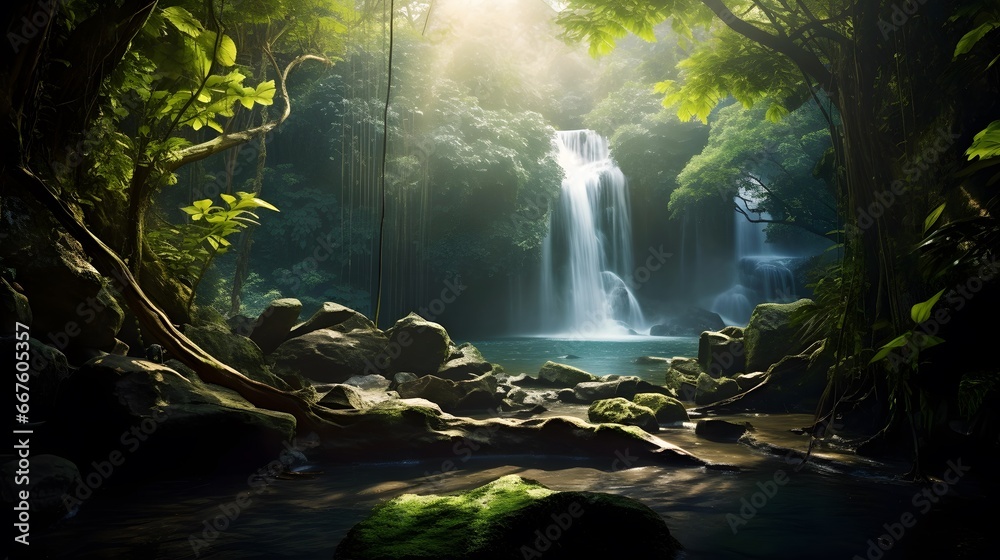 Panorama of beautiful waterfall in deep forest. Panorama of waterfall in deep forest.