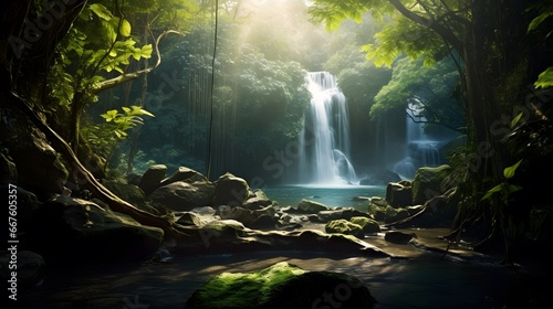 Panorama of beautiful waterfall in deep forest. Panorama of waterfall in deep forest. © Michelle