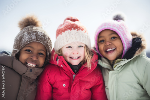 Group of diverse happy multi-ethnic children playing in snow and having fun outdoors in winter time