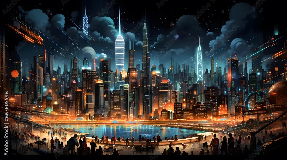 Illustration of a night city with skyscrapers and people.