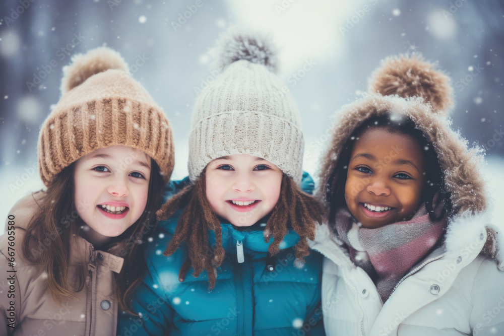 Group of diverse happy multi-ethnic children playing in snow and having fun outdoors in winter time Group of diverse happy multi-ethnic children playing in snow and having fun outdoors in winter time