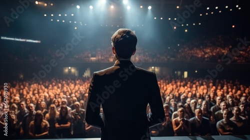 Motivational speaker standing on stage in front of audience for motivation speech on conference or business event, Speaker giving a talk in conference hall, back view.