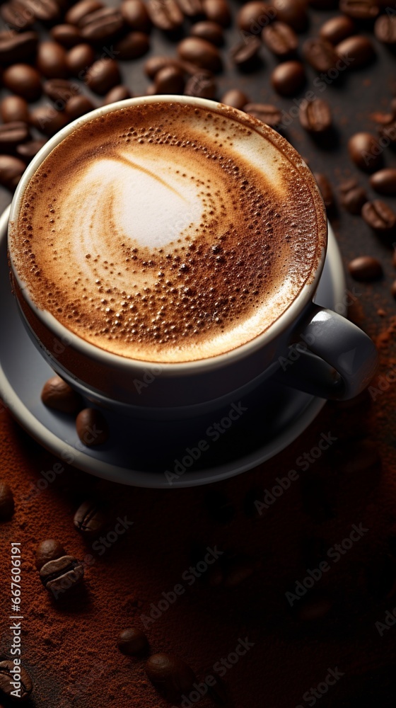 Close-up photo of a cup of coffee with milk and sugar Close-up photo of a cup of coffee with milk and sugar