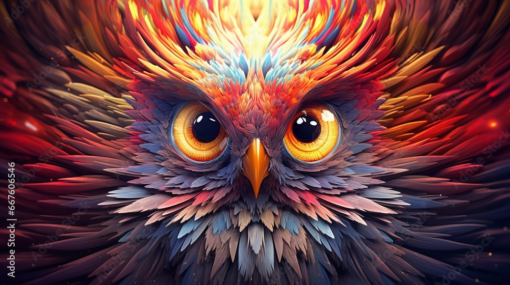 Vivid psychedelic bird face with saturated multicolored feathers and large expressive eyes, captivating diversity and colorful beauty of natural world, diversity of birds families and species