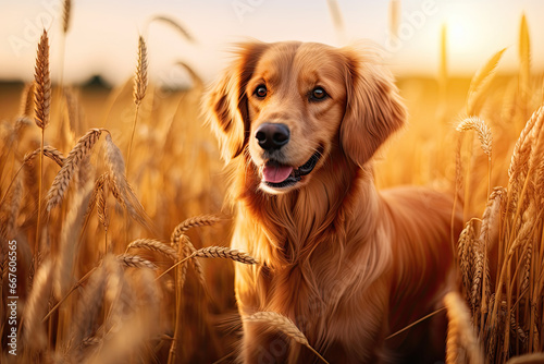 Golden Retriever dog in the field of wheat