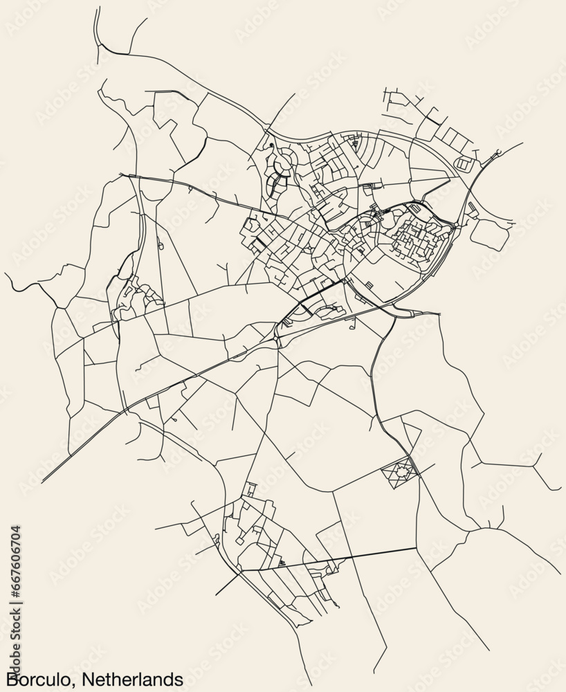 Detailed hand-drawn navigational urban street roads map of the Dutch city of BORCULO, NETHERLANDS with solid road lines and name tag on vintage background